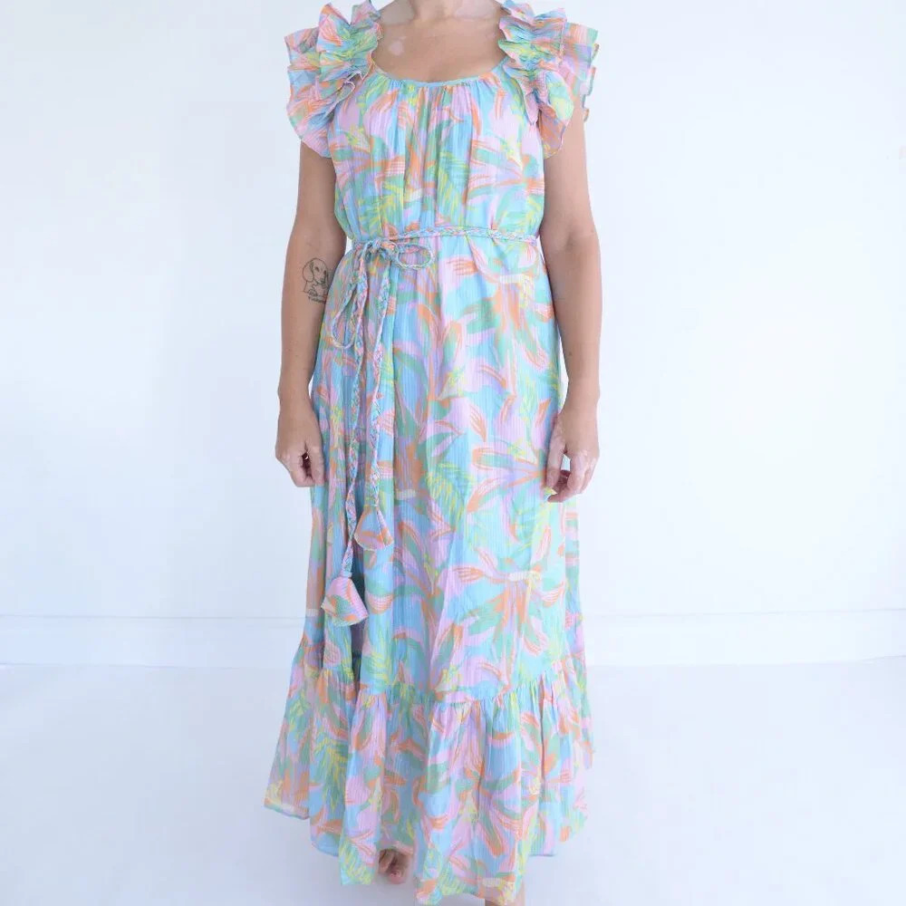 Alden Adair St Barths Lilah Tropical Floral Pink Teal  Maxi Dress S NTW